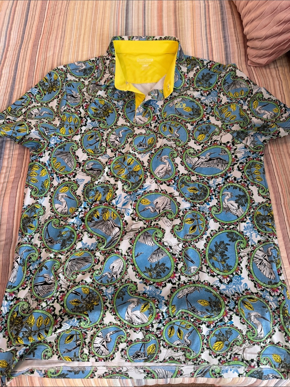Good Good Golf Men's Blue & Yellow Printed Polo with Contrast Collar Size L